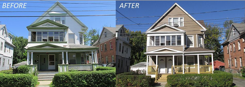 The photo illustrates how the Housing Preservation Loan Fund has transformed one of several properties in Hartford.
