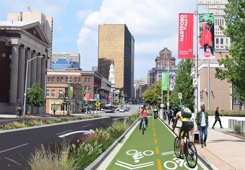 Main Street view with bike lanes and pedestrians