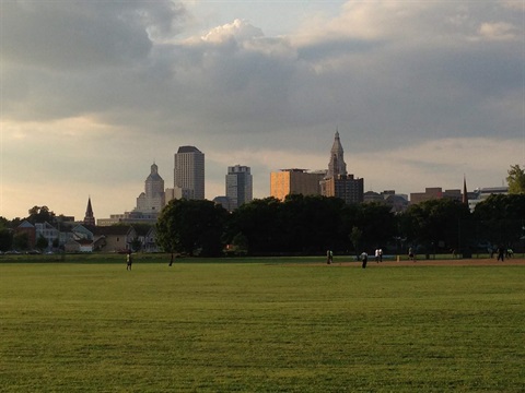 A view of Colt Park towards downtown Hartford