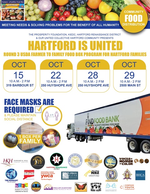 flyer providing information on dates, location and sponsors for food bank distribution event