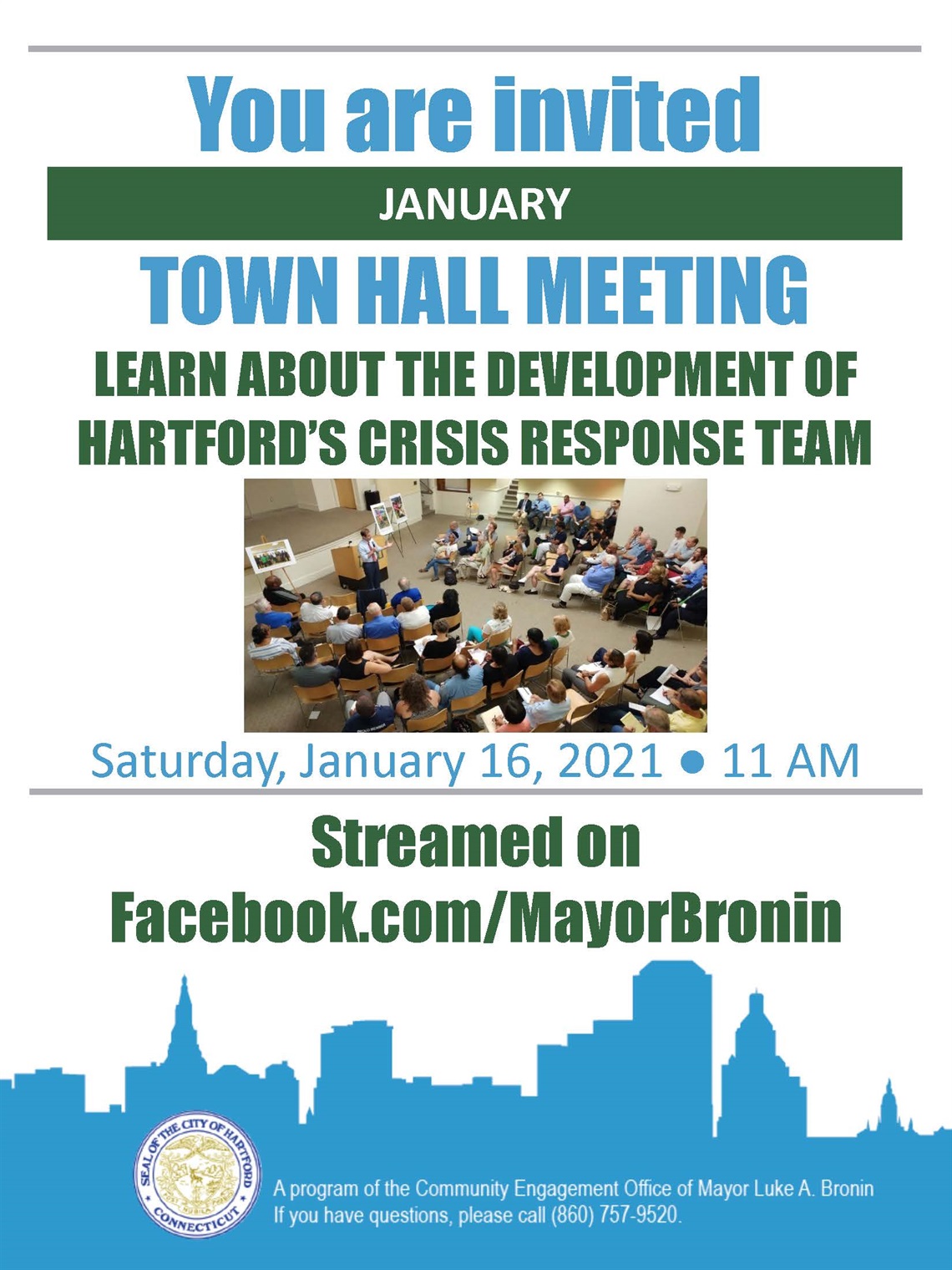 January 16 2021 Town Hall Flyer. Learn about the development of Hartford’s crisis response team