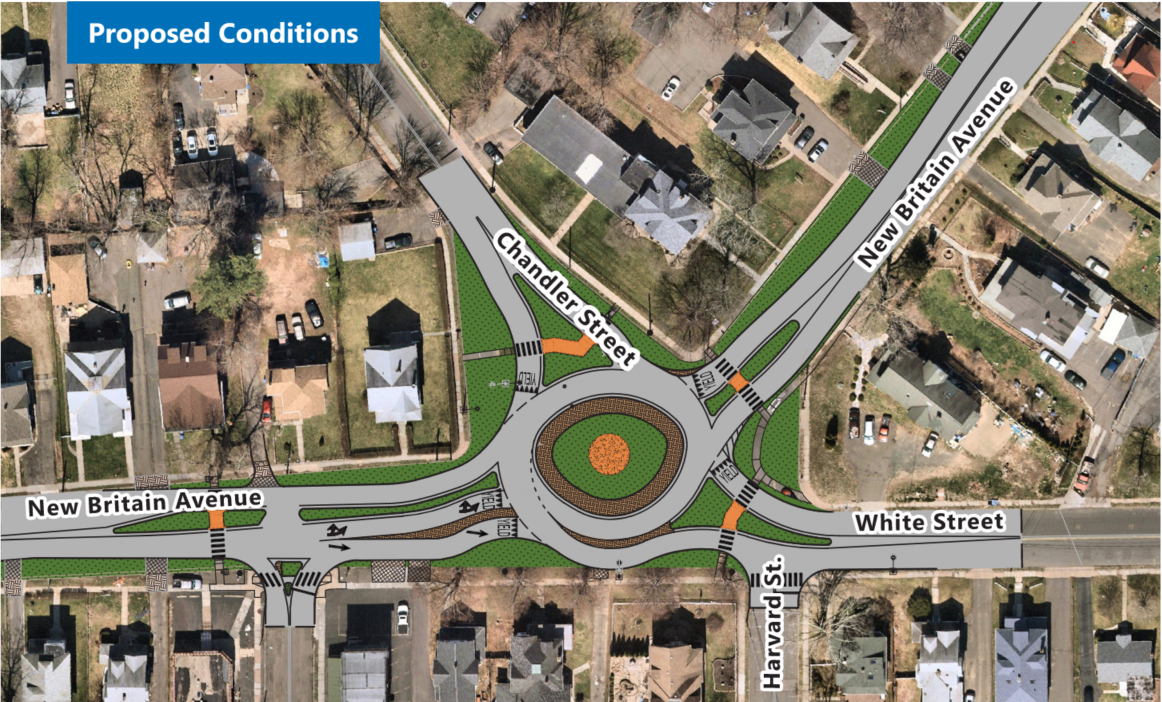 New Britain Avenue at White Street & Chandler Street Roundabout