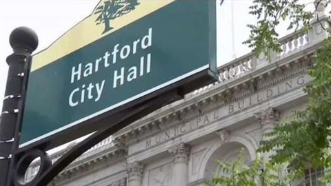 Signage in front of City Hall stating Hartford City Hall