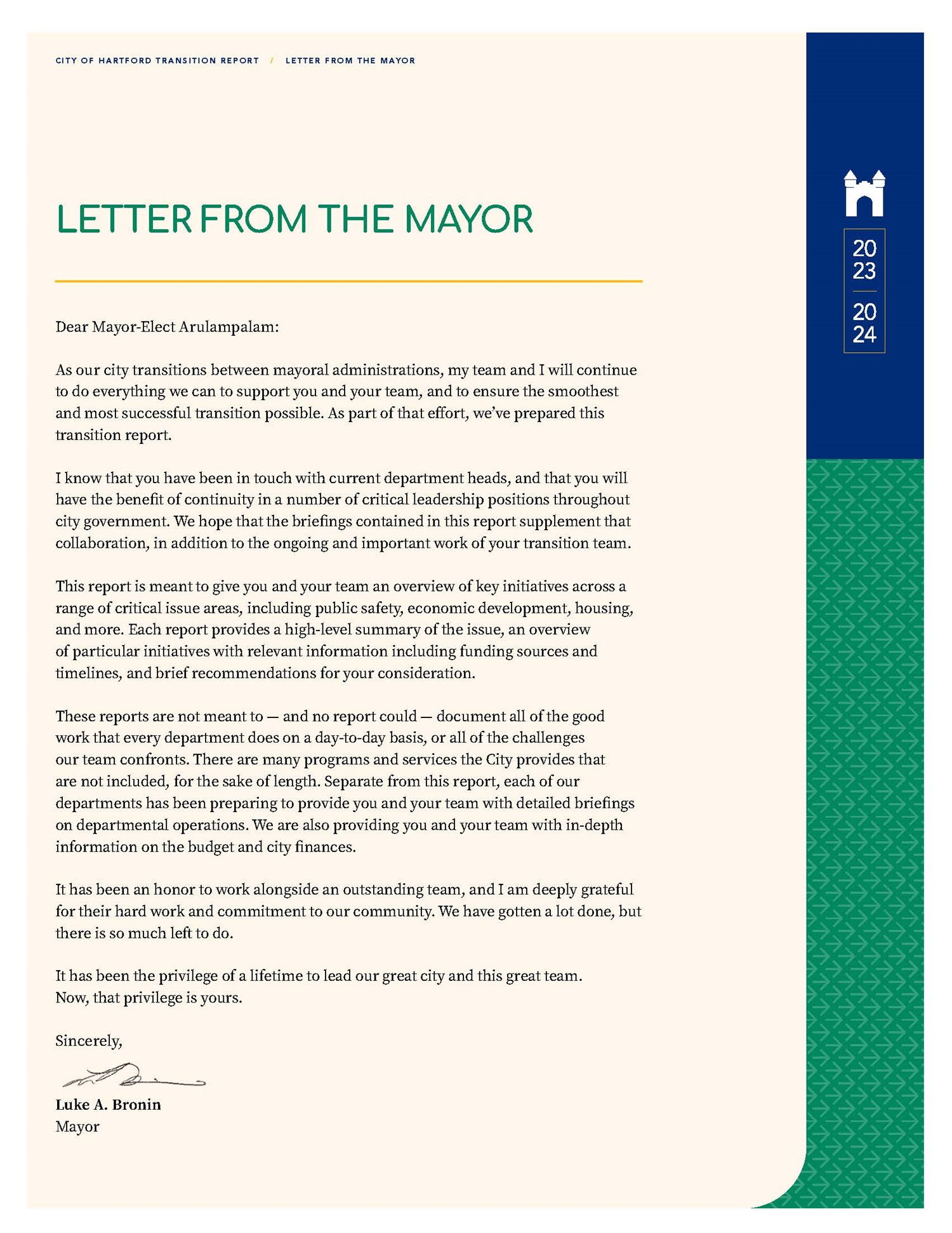 Letter from Mayor Bronin to Mayor-Elect Arulampalam