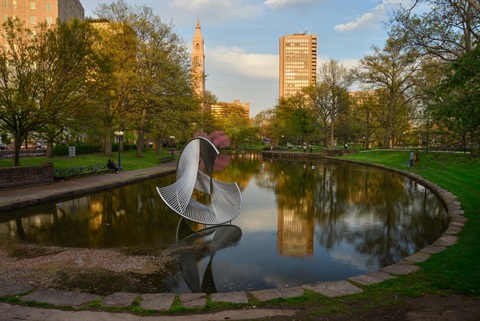 A view of bushnell park from the pond