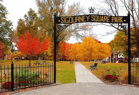 A view at the entrance of Sigourney Park in the fall months